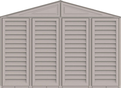 Duramax 10.5x15 Vinyl Garage with foundation, rust and dent-resistant, large vinyl shed for tractor and large item storage.