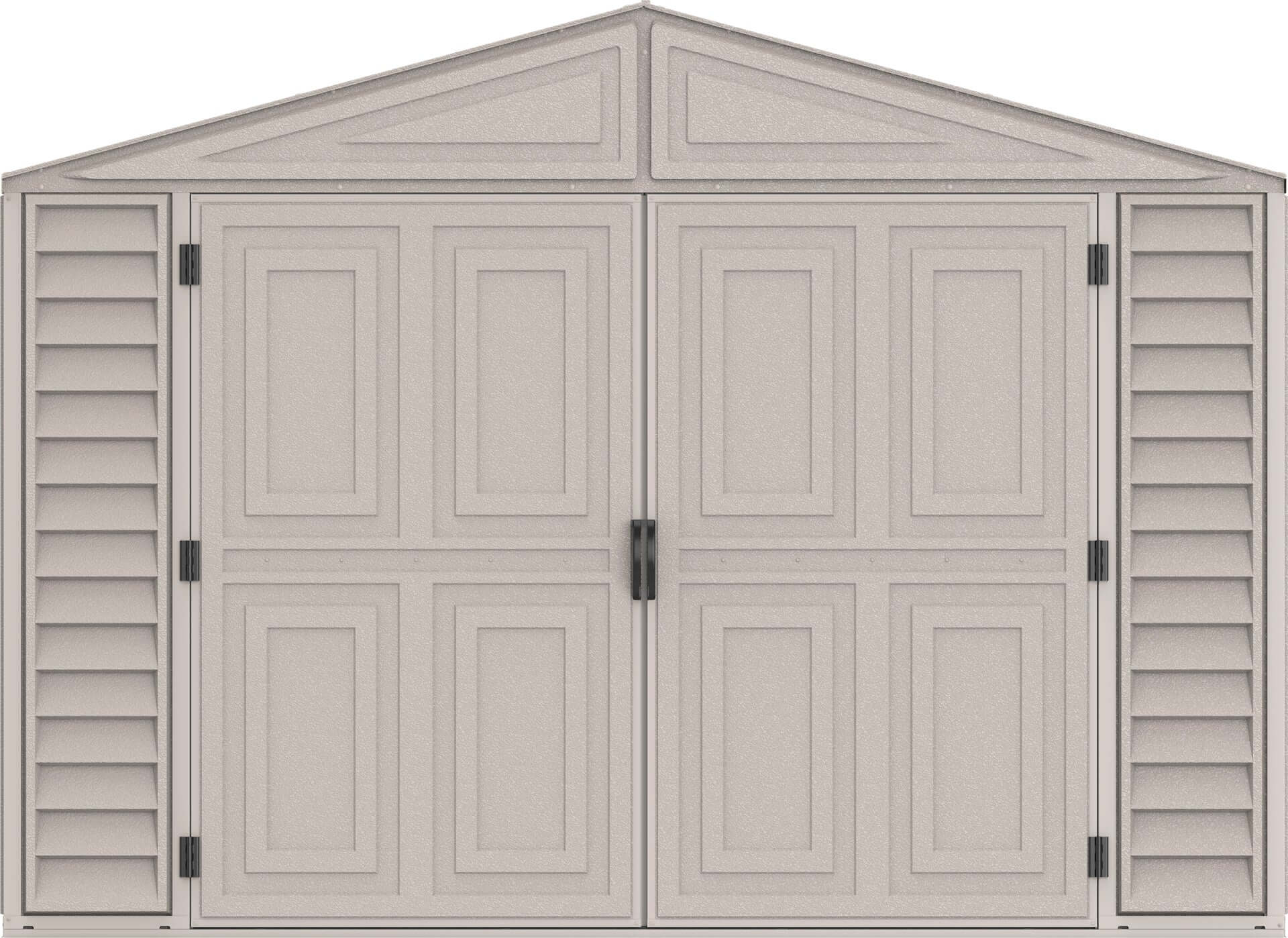 Duramax 10.5x15 vinyl garage with foundation, ideal for storing large items, featuring strong and durable construction.