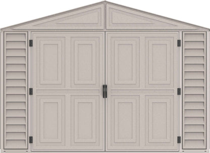 Duramax 10.5x15 vinyl garage with foundation, ideal for storing large items, featuring strong and durable construction.