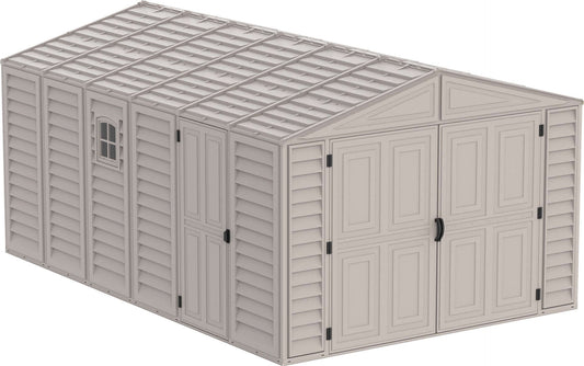 Duramax 10.5x18 vinyl garage with foundation, ideal for storage or parking, featuring durable, rust-resistant vinyl construction.