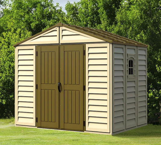 Duramax 10.5x8 Woodbridge PLUS vinyl shed with foundation, featuring durable fire-retardant material. No painting needed.