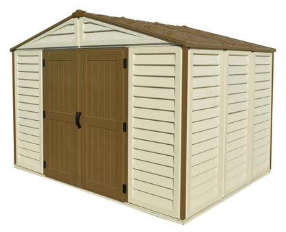 Duramax 10.5x8 Woodbridge PLUS Vinyl Shed with brown doors, featuring durable weather-resistant construction.