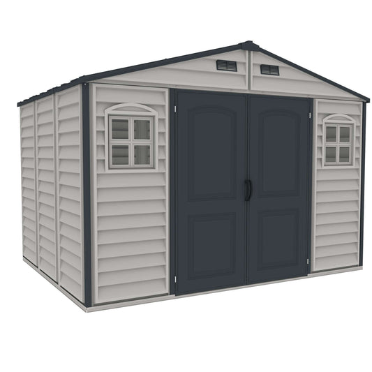 Duramax 10.5x8 Woodside PLUS Vinyl Shed with foundation, reinforced walls, ideal for storage, garden tools, hobby room