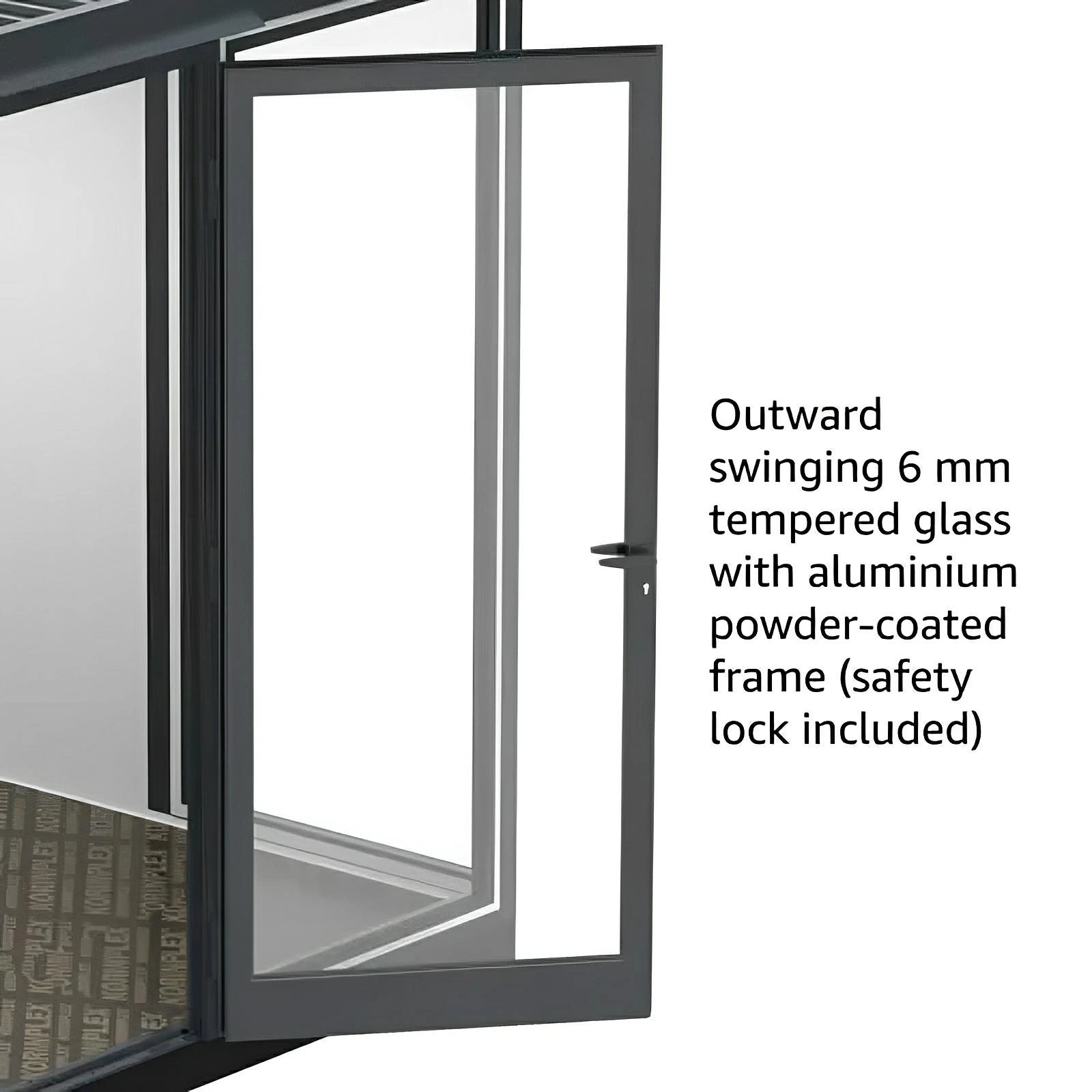 Duramax garden room outward swinging tempered glass door with aluminum frame and safety lock.