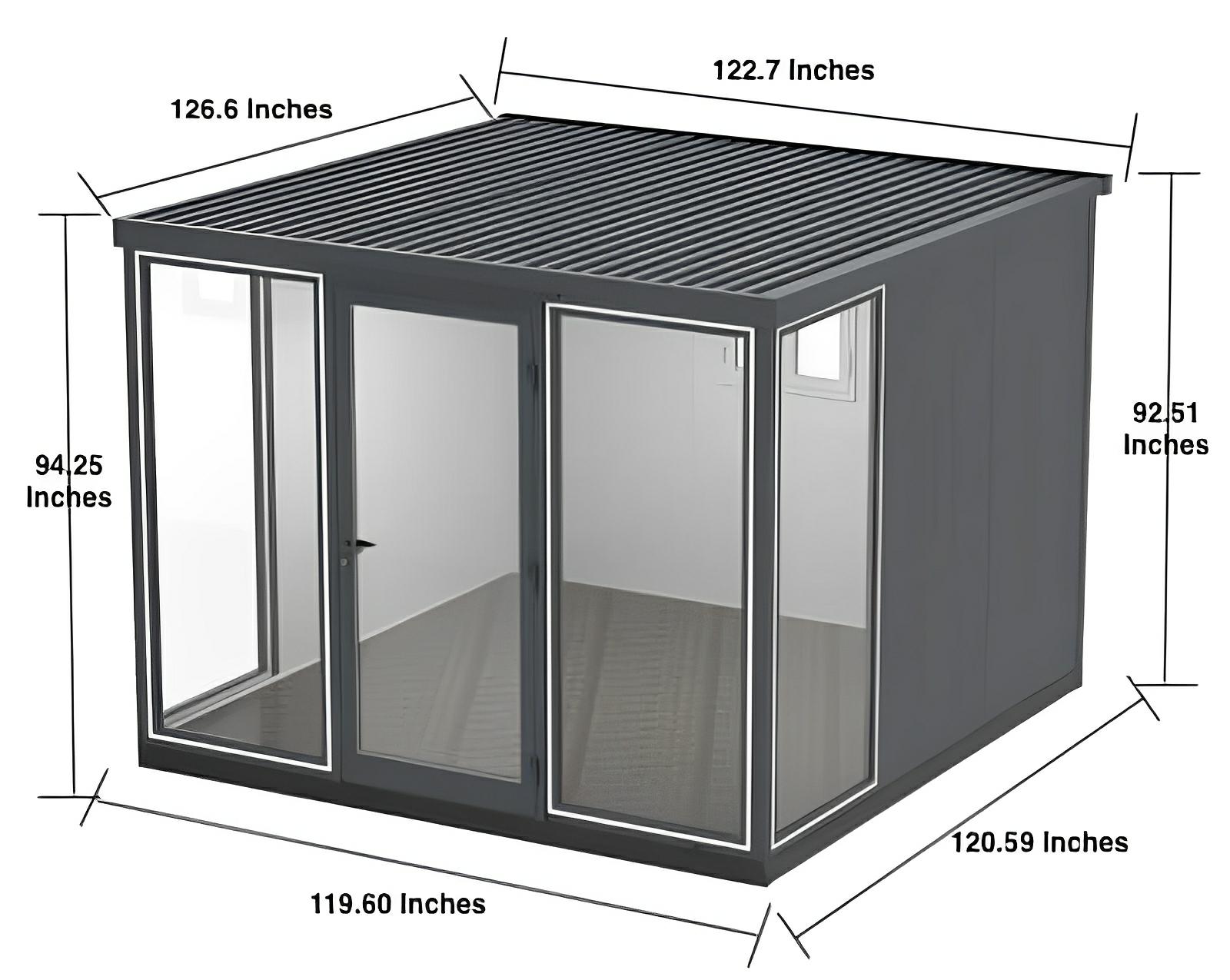 Duramax 10x10 Glass Garden Room with Steel and Glass Construction, Dimensions Displayed