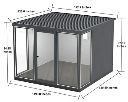 Duramax 10x10 Glass Garden Room with Steel and Glass Construction, Dimensions Displayed