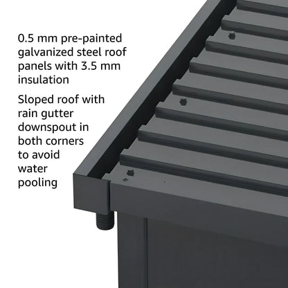 Duramax 10x10 Glass Garden Room showing pre-painted galvanized steel roof panels with rain gutter to prevent water pooling.