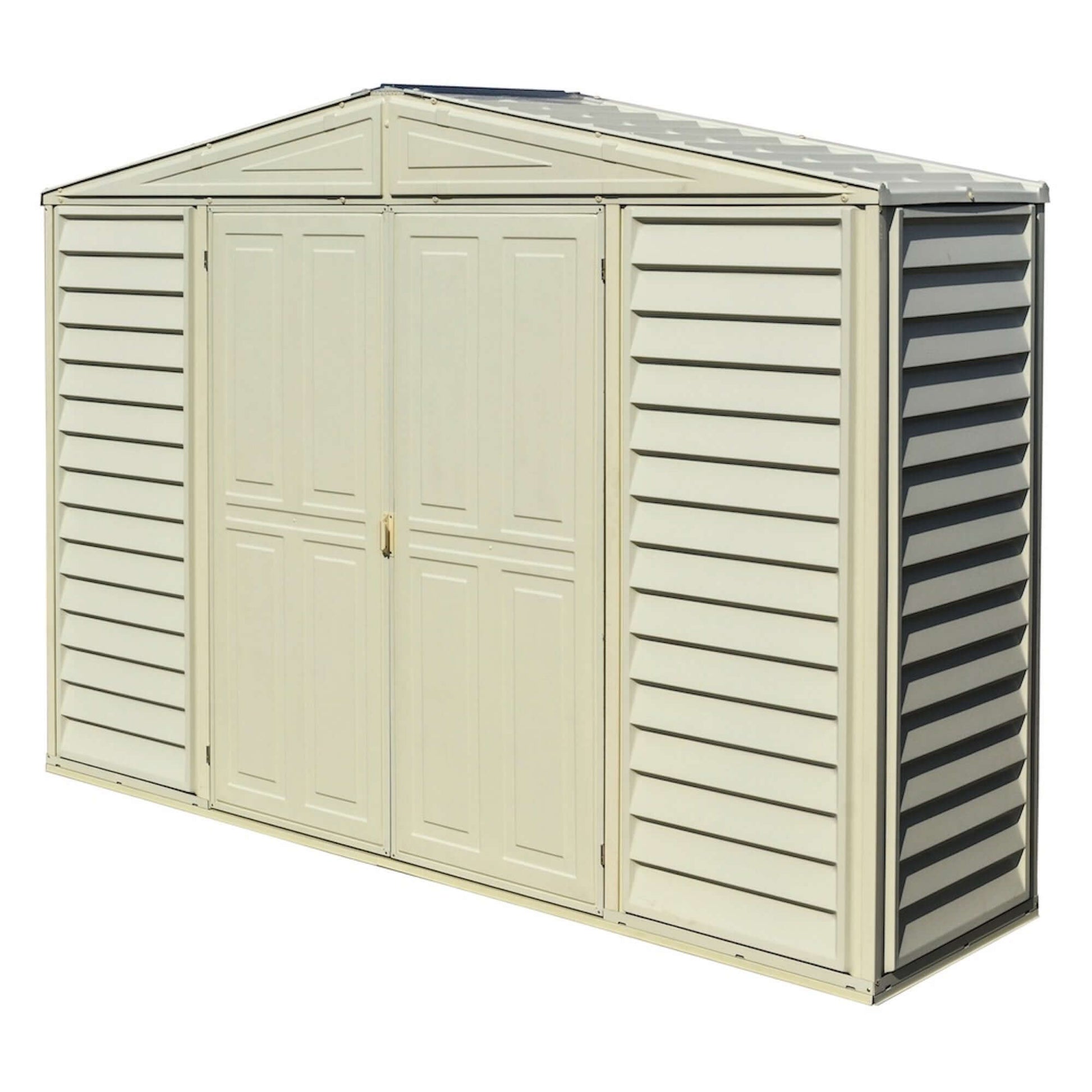 Duramax 10x3 SidePro Vinyl Shed with foundation, featuring lean-to design for storage, Duramax shed in a garden setting.