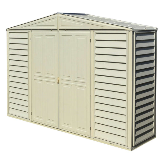Duramax 10x3 SidePro Vinyl Shed with foundation, featuring lean-to design for storage, Duramax shed in a garden setting. 