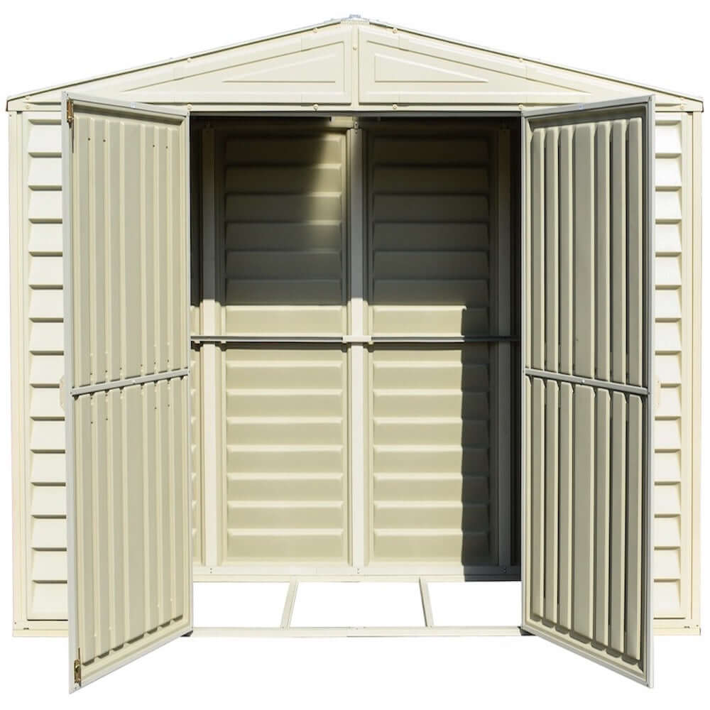 Duramax 10x3 SidePro Vinyl Shed with open doors showcasing interior, ideal for versatile storage. Keywords: Duramax shed, Duramax Sheds.