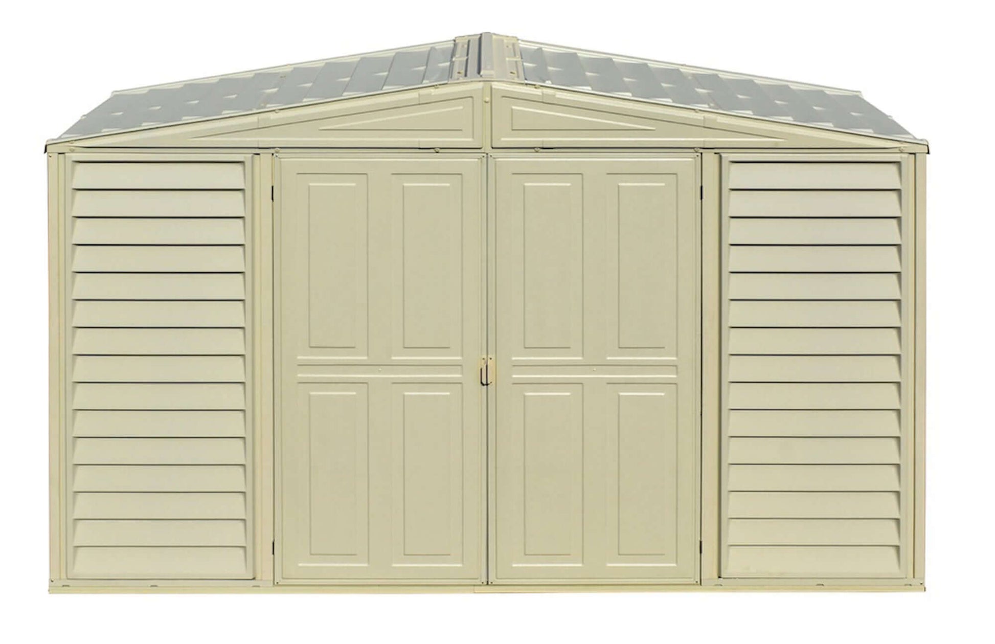 Duramax 10x3 SidePro Vinyl Shed with double doors and lean-to design, perfect for extra storage. Keywords: Duramax shed, Duramax Sheds.