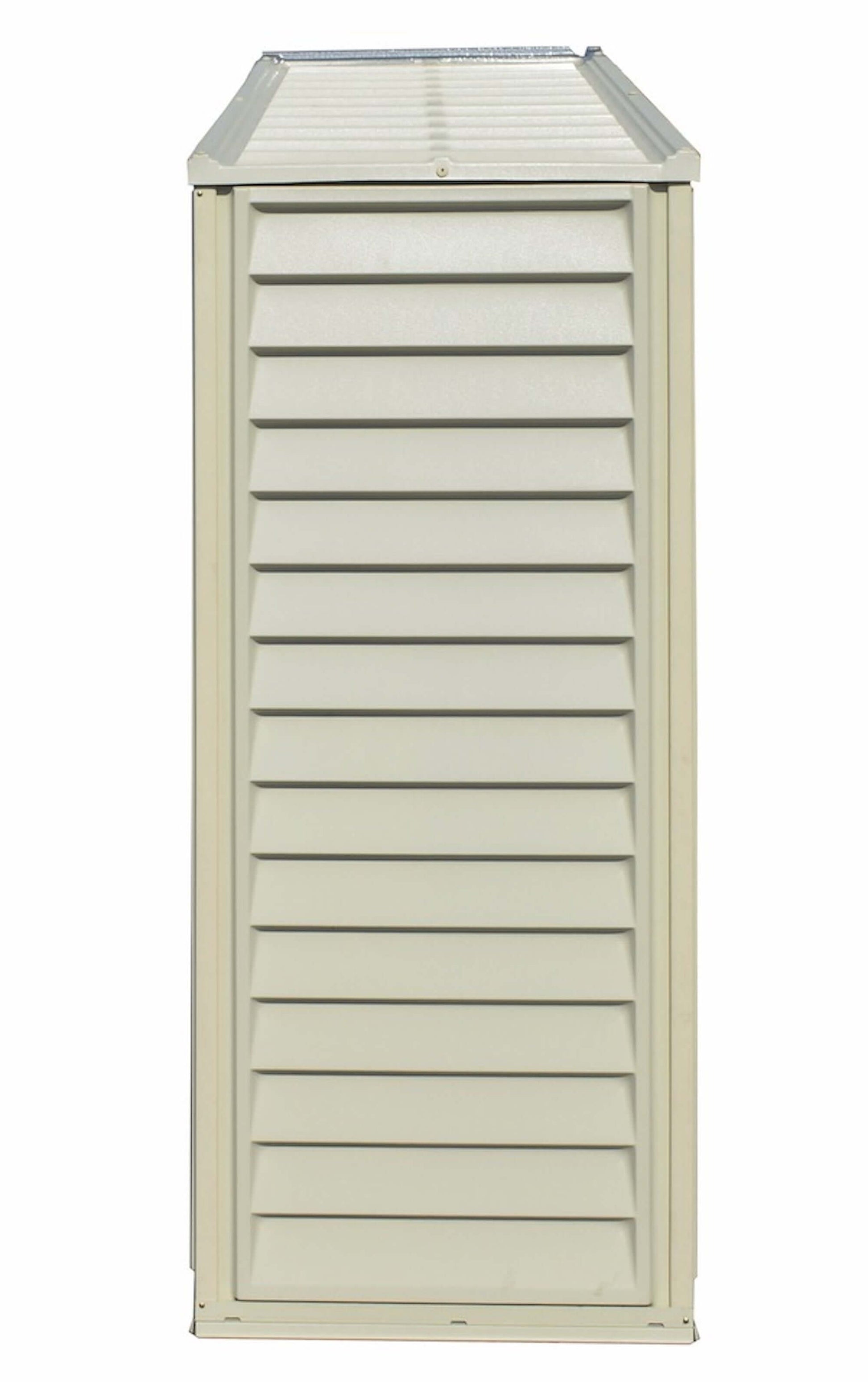 Side view of Duramax 10x3 SidePro Vinyl Shed with foundation, showcasing durable design and space-saving efficiency.