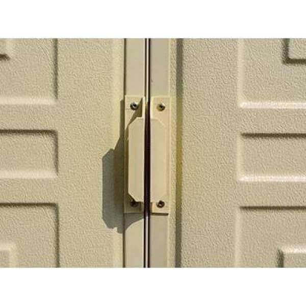 Close-up of door handle on the Duramax 10x3 SidePro Vinyl Shed showing textured finish and secure design.