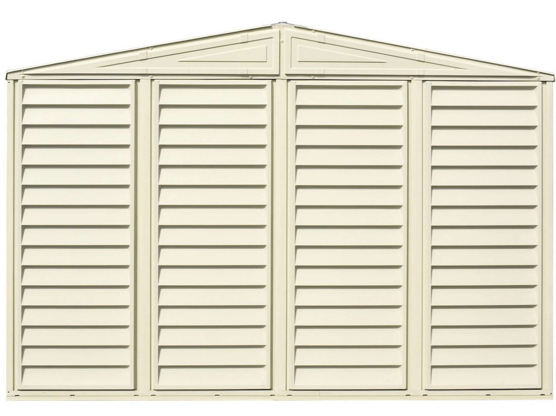 Duramax 10x3 SidePro vinyl shed in cream, front view, ideal for extra storage. Lean-to design. Galvanized steel interior.