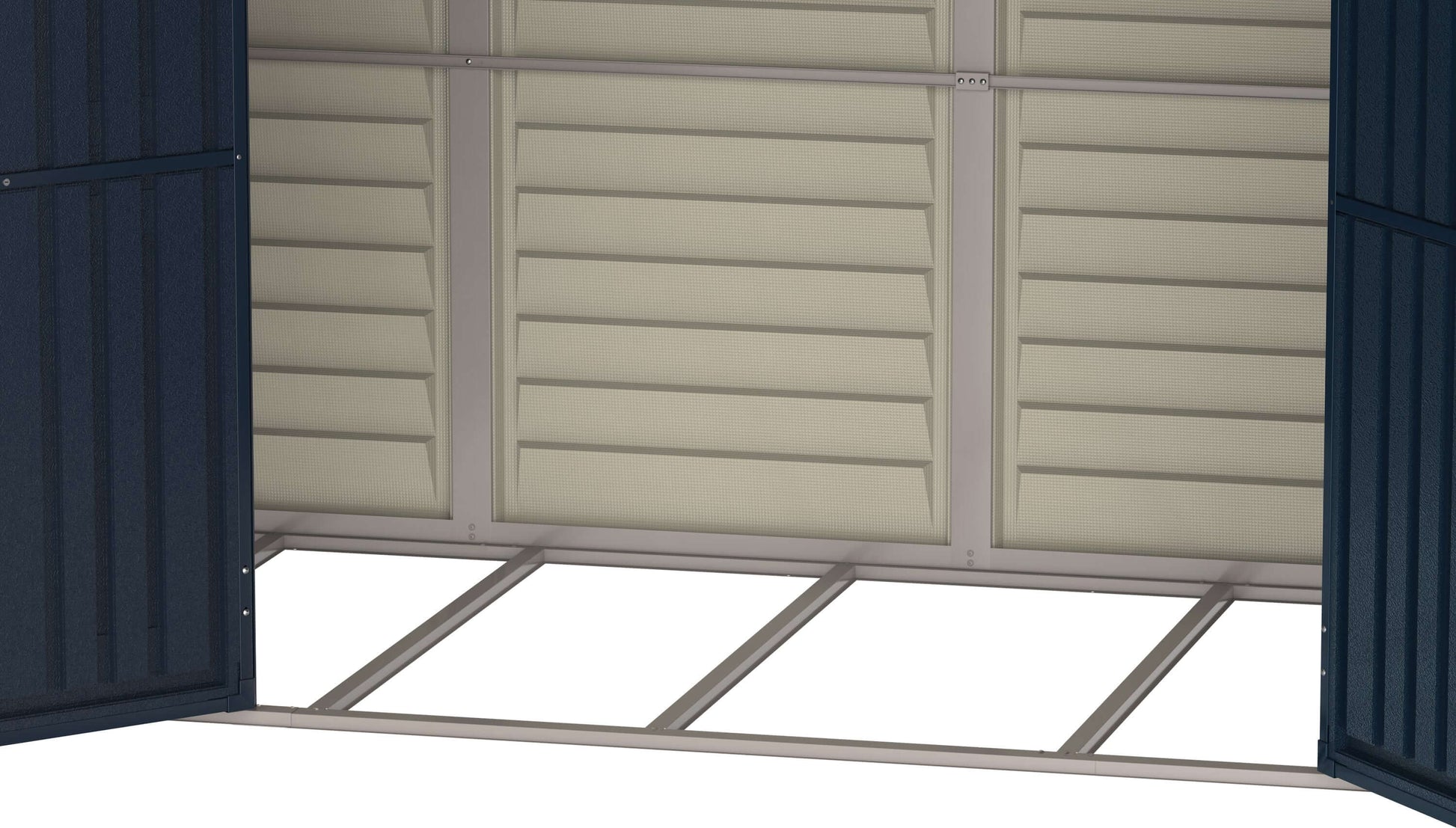 Interior view of Duramax 10x4 SideMate PLUS Pro Vinyl Shed with open double doors, showcasing durable vinyl construction.