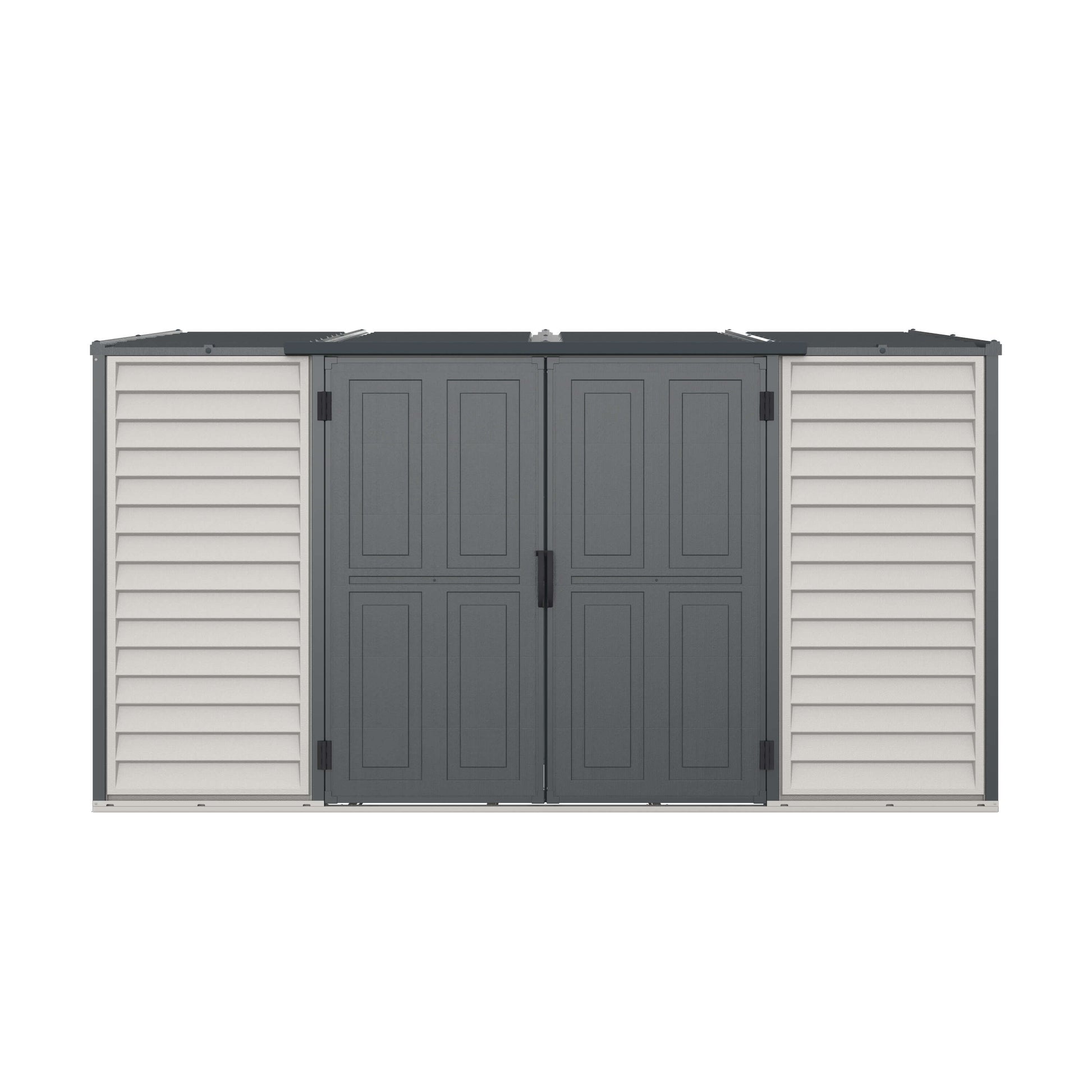 Duramax 10x4 SideMate PLUS Pro vinyl shed with double doors, ideal outdoor storage solution, featuring durable gray all-weather design.