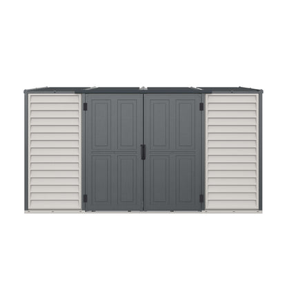 Duramax 10x4 SideMate PLUS Pro vinyl shed with double doors, ideal outdoor storage solution, featuring durable gray all-weather design.