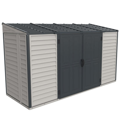 Duramax 10x4 SideMate PLUS Pro Vinyl Shed with gray all-weather finish and double doors for convenient outdoor storage.