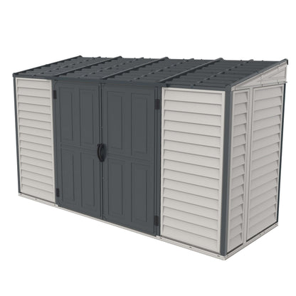 Duramax 10x4 SideMate PLUS Pro Vinyl Shed with double doors, ideal for outdoor storage, gray design, fits beside home.