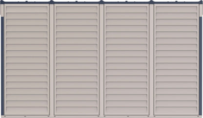 Rear panel of Duramax 10x4 SideMate PLUS Pro Vinyl Shed showcasing all-weather stylish gray design, perfect for outdoor storage.