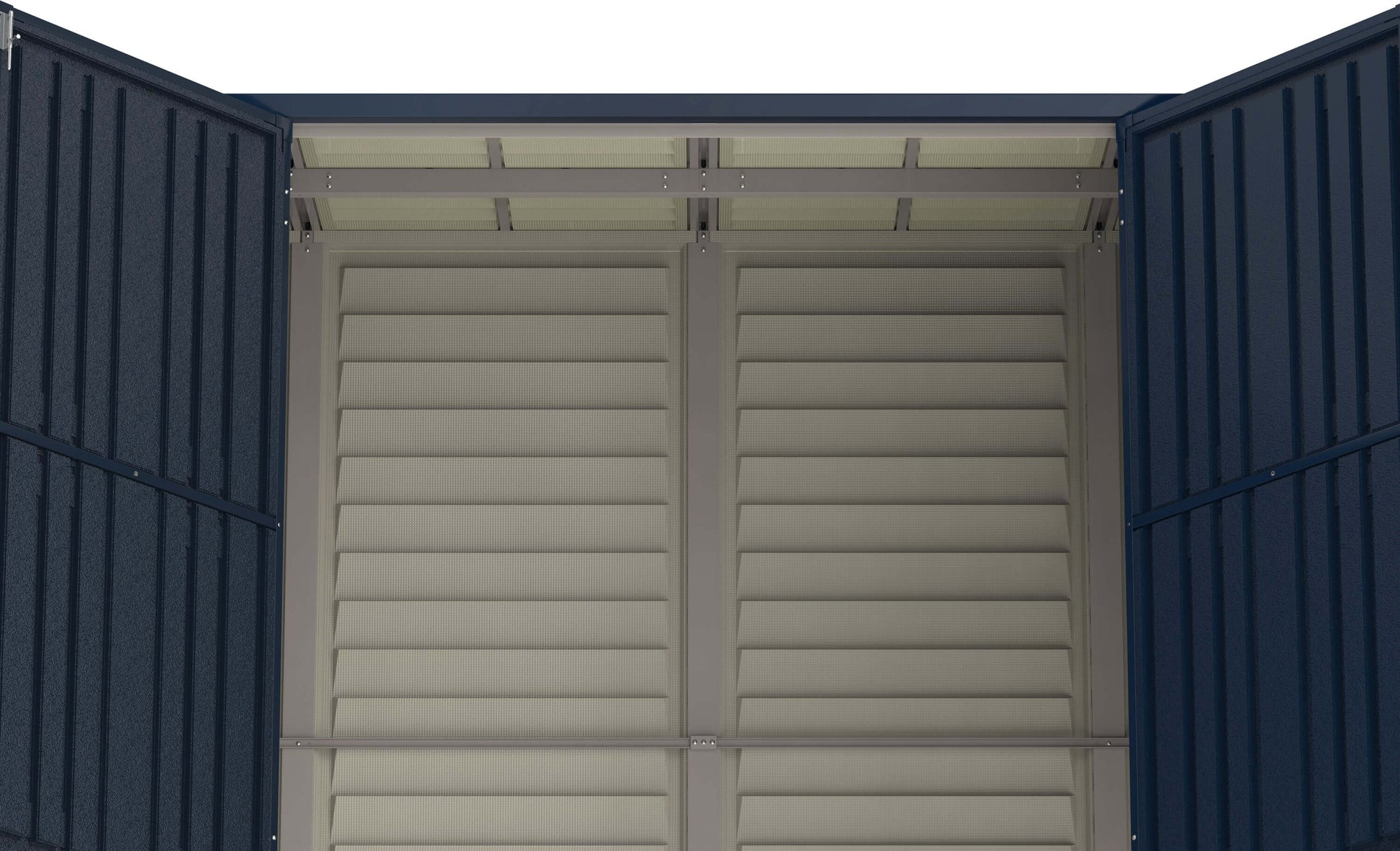 Inside view of Duramax 10x4 SideMate PLUS Pro Vinyl Shed double doors, showcasing sturdy gray vinyl construction.