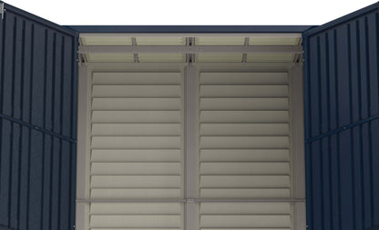 Inside view of Duramax 10x4 SideMate PLUS Pro Vinyl Shed double doors, showcasing sturdy gray vinyl construction.