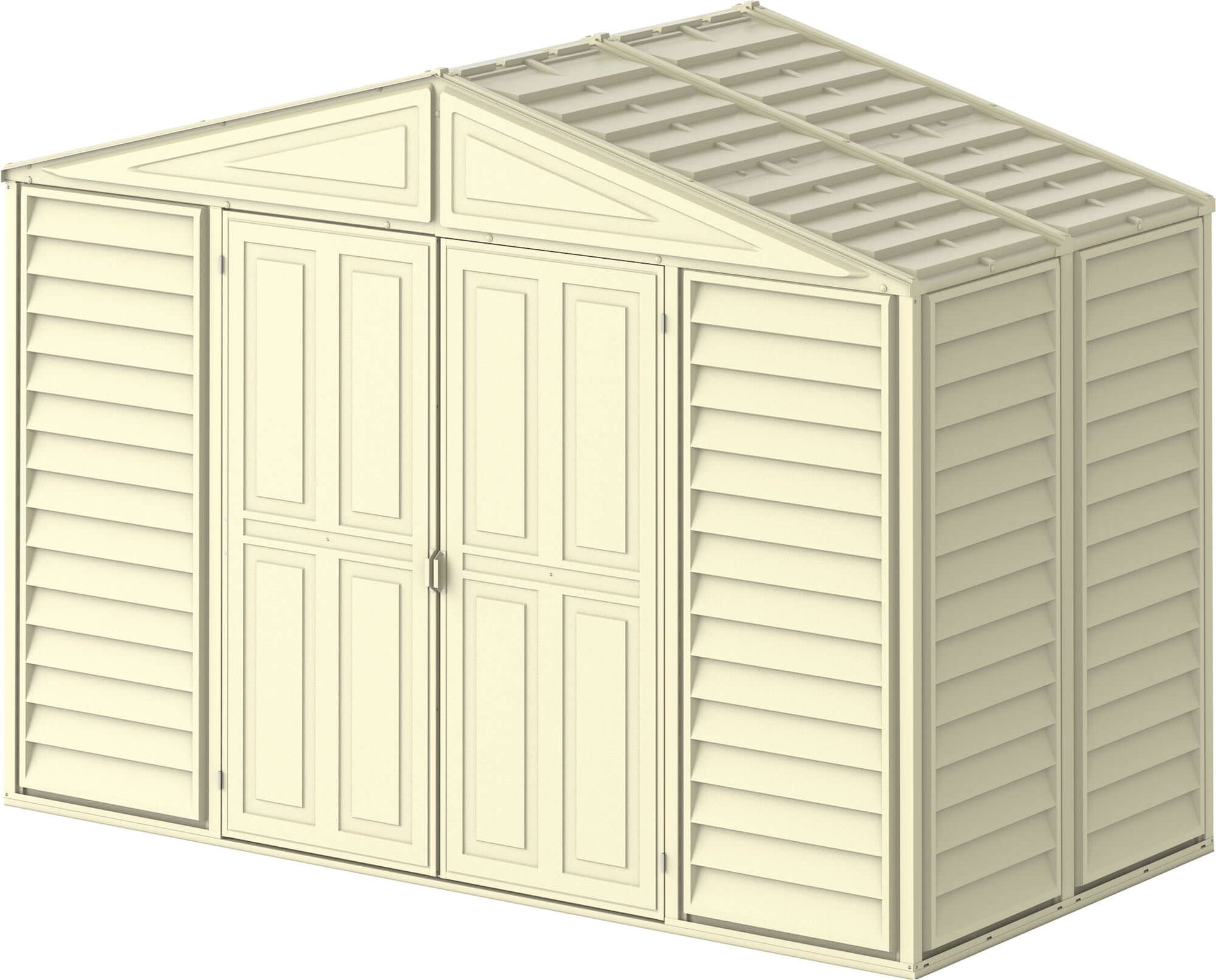 Duramax 10x5 WoodBridge Vinyl Shed with double doors, ideal for garden storage. Durable, versatile, and perfect for outdoor equipment.
