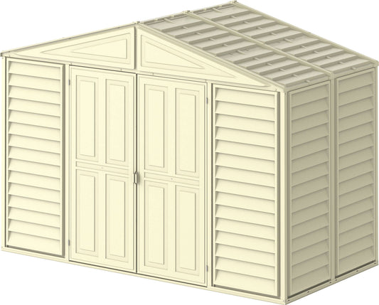 Duramax 10x5 WoodBridge Vinyl Shed with double doors, ideal for garden storage. Durable, versatile, and perfect for outdoor equipment. 