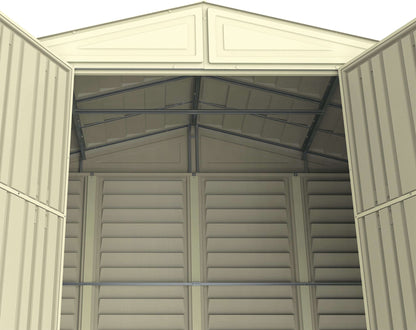 Interior view of Duramax 10x5 WoodBridge Vinyl Shed showcasing spacious storage area and durable construction. Keywords: Duramax shed.