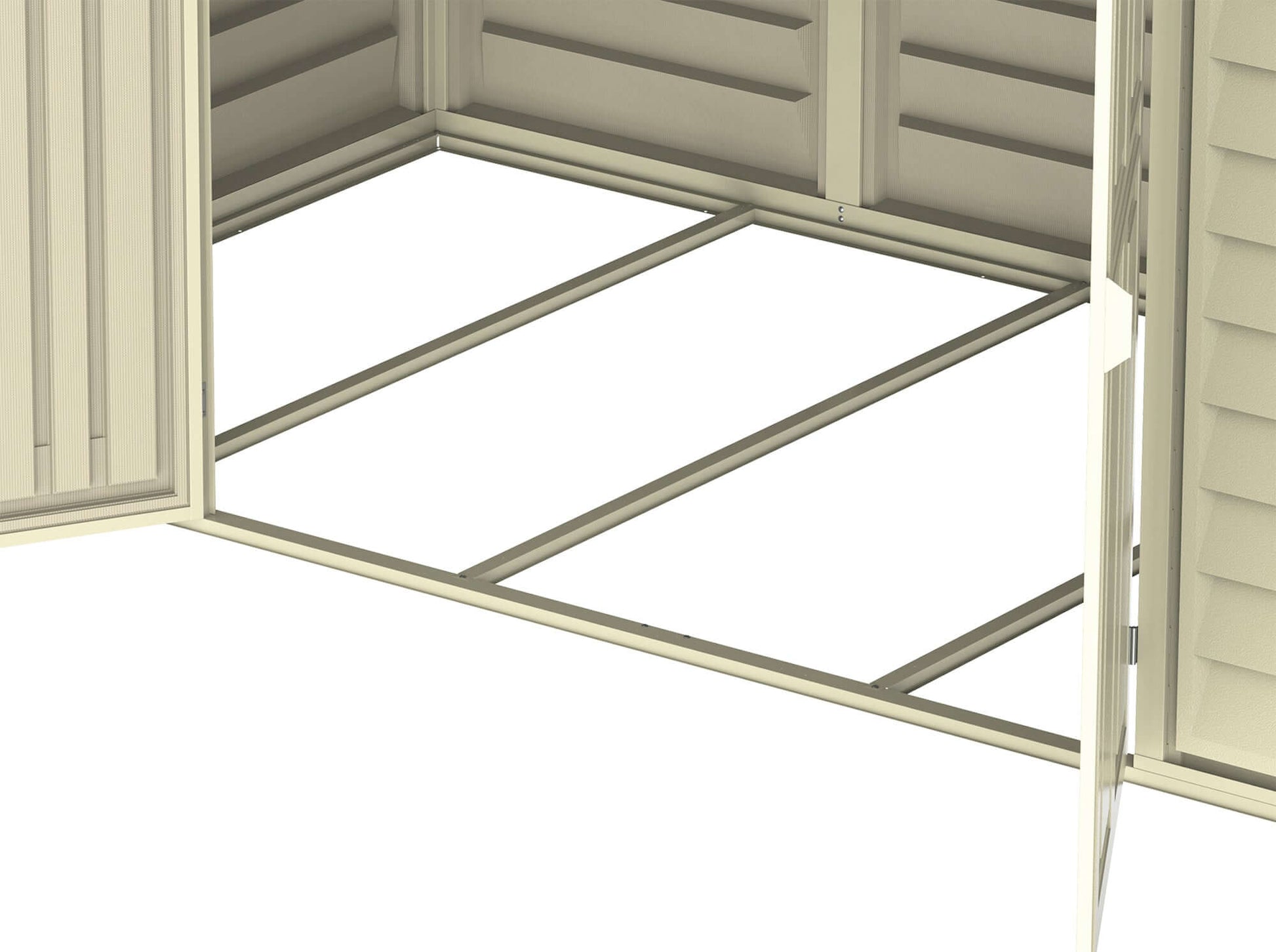 Inside view of Duramax 10x5 WoodBridge Vinyl Shed foundation, showcasing strong frame design for reliable storage. Keywords: Duramax shed