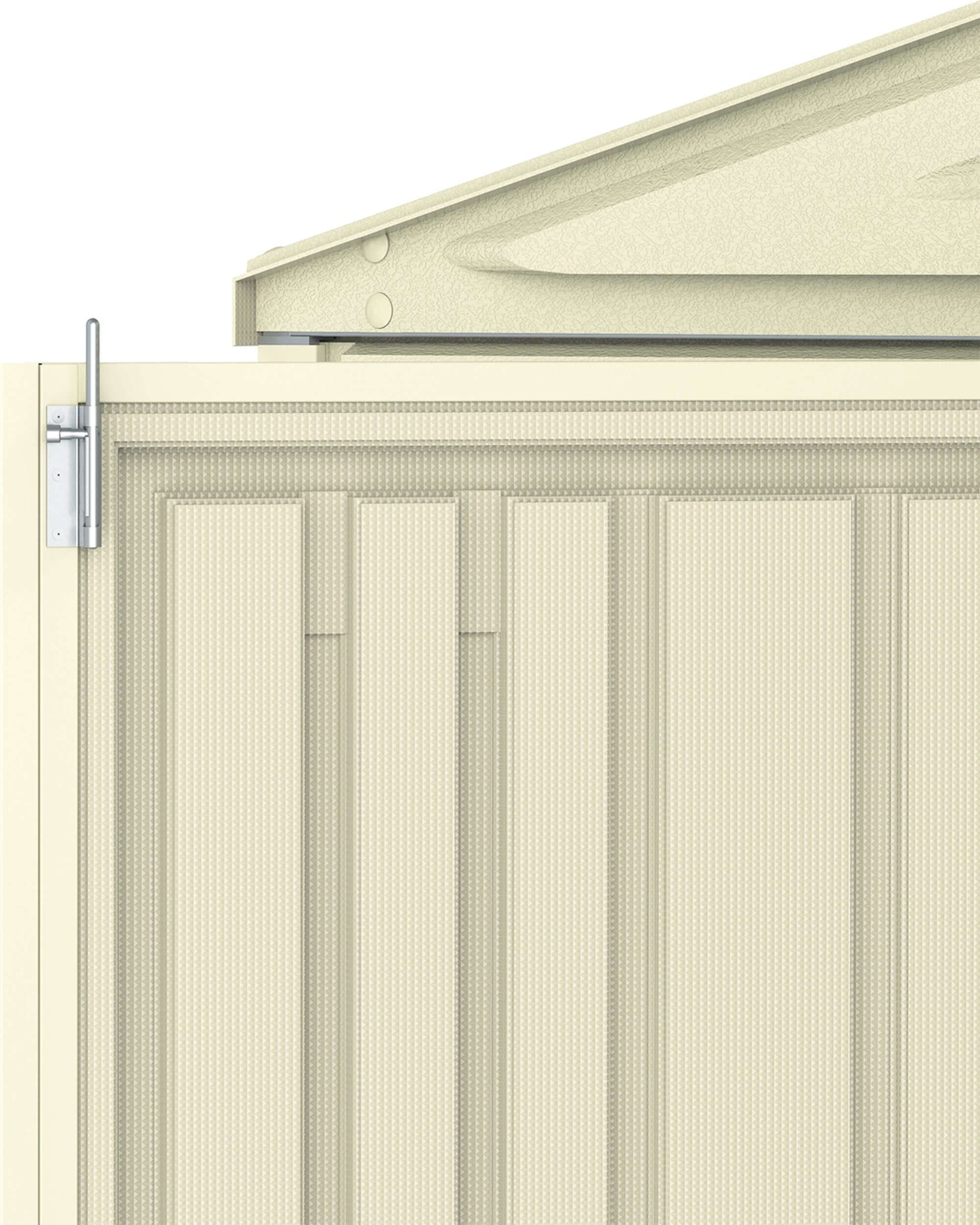 Close-up of Duramax 10x5 WoodBridge Vinyl Shed panel and roof detail, highlighting its sturdy design for outdoor storage.