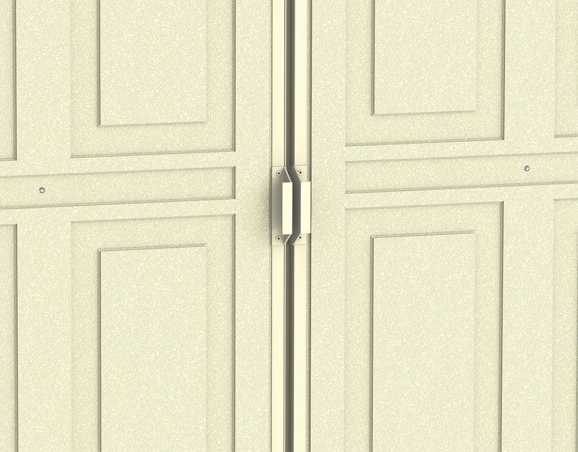 Close-up view of Duramax 10x5 WoodBridge Vinyl Shed double doors, showcasing sturdy design and durable construction.