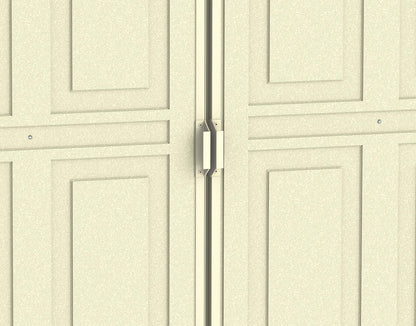 Close-up view of Duramax 10x5 WoodBridge Vinyl Shed double doors, showcasing sturdy design and durable construction.