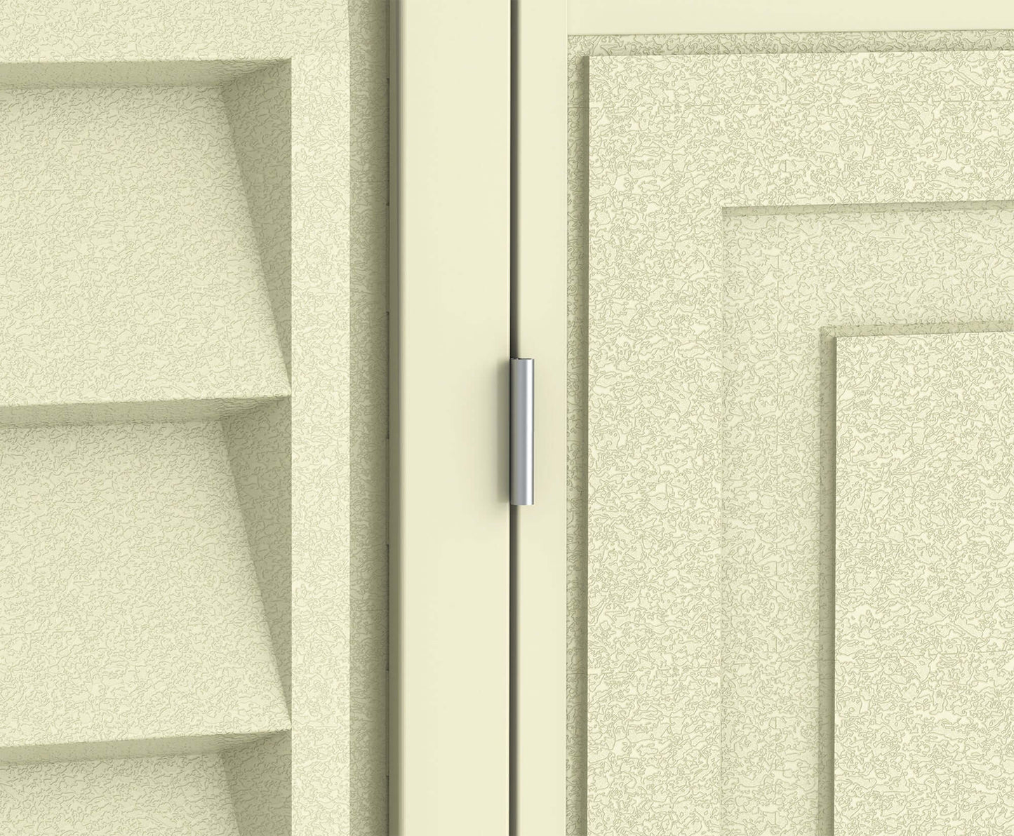 Close-up of Duramax 10x5 WoodBridge Vinyl Shed door detail showcasing textured panel design and hinge, ideal for outdoor storage.