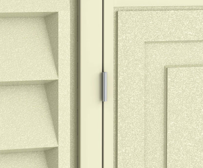 Close-up of Duramax 10x5 WoodBridge Vinyl Shed door detail showcasing textured panel design and hinge, ideal for outdoor storage.