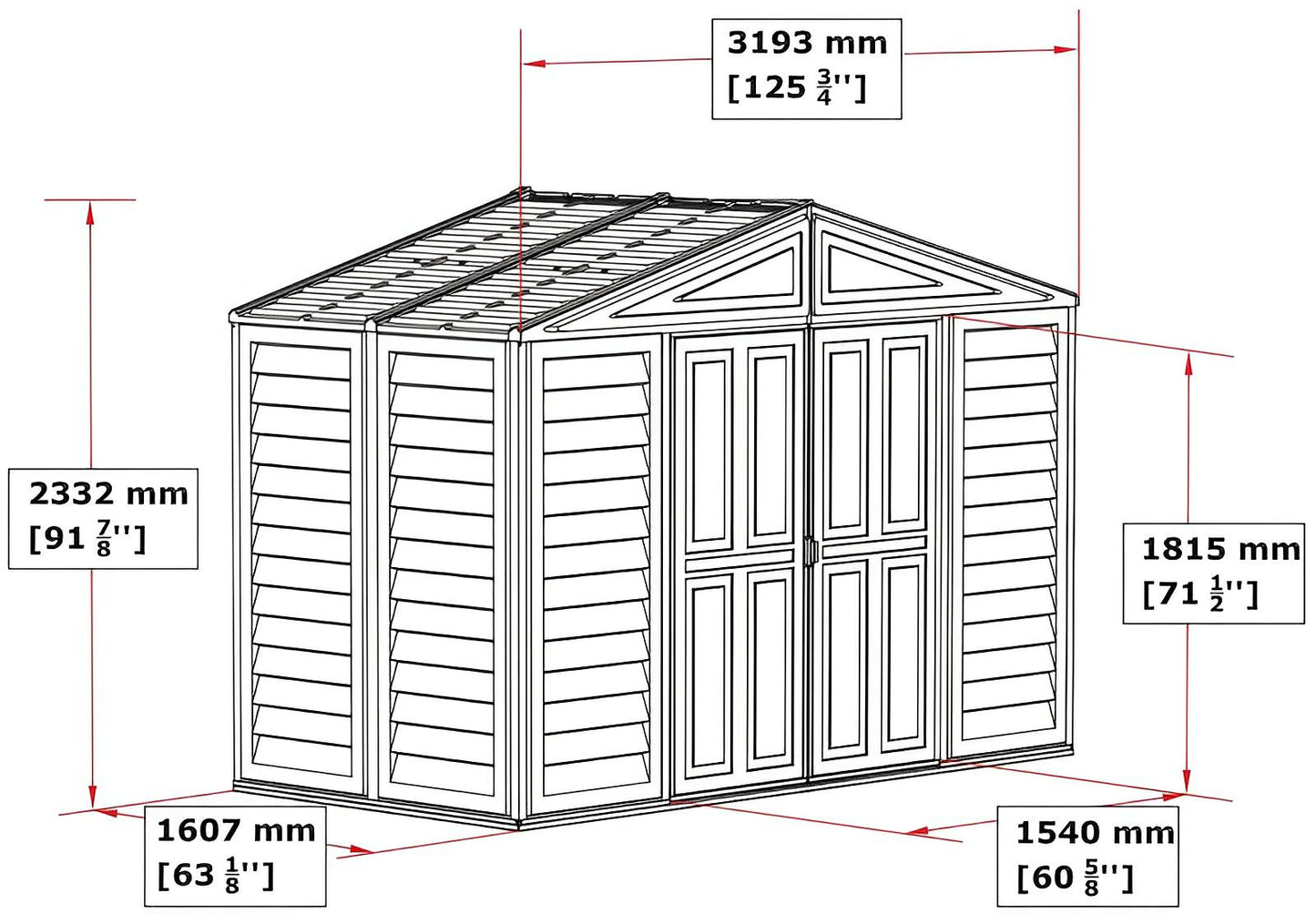 Duramax 10x5 WoodBridge Vinyl Shed dimensions showing sturdy design and space-saving features for extra storage, ideal for gardens.