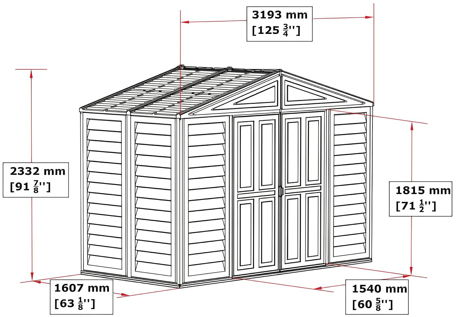 Duramax 10x5 WoodBridge Vinyl Shed dimensions showing sturdy design and space-saving features for extra storage, ideal for gardens.