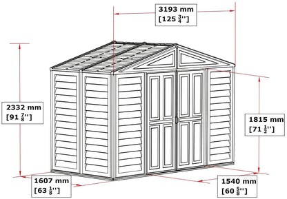 Duramax 10x5 WoodBridge Vinyl Shed dimensions showing sturdy design and space-saving features for extra storage, ideal for gardens.