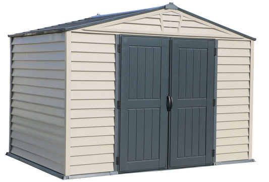 Duramax 10x8 StoreMax PLUS Vinyl Shed with Floor, featuring robust all-weather design, rust, and rot resistance. Includes full skylight. 
