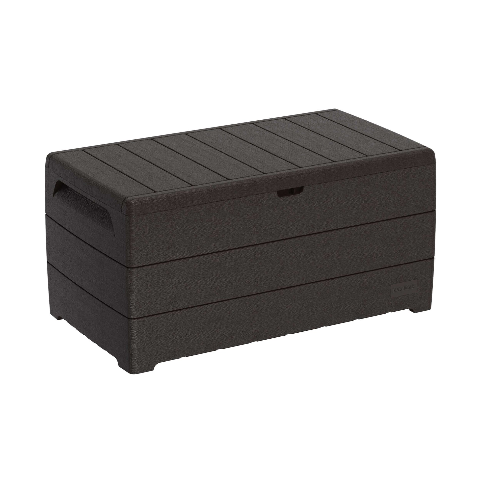 Duramax 110 Gal Cedar Grain Deck Box in brown, ideal for outdoor storage with fire-resistant resin.