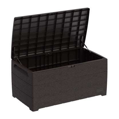 Duramax 110 Gal. CedarGrain Deck Box in Brown with open lid, made of fire-resistant plastic resin, ideal for outdoor storage.