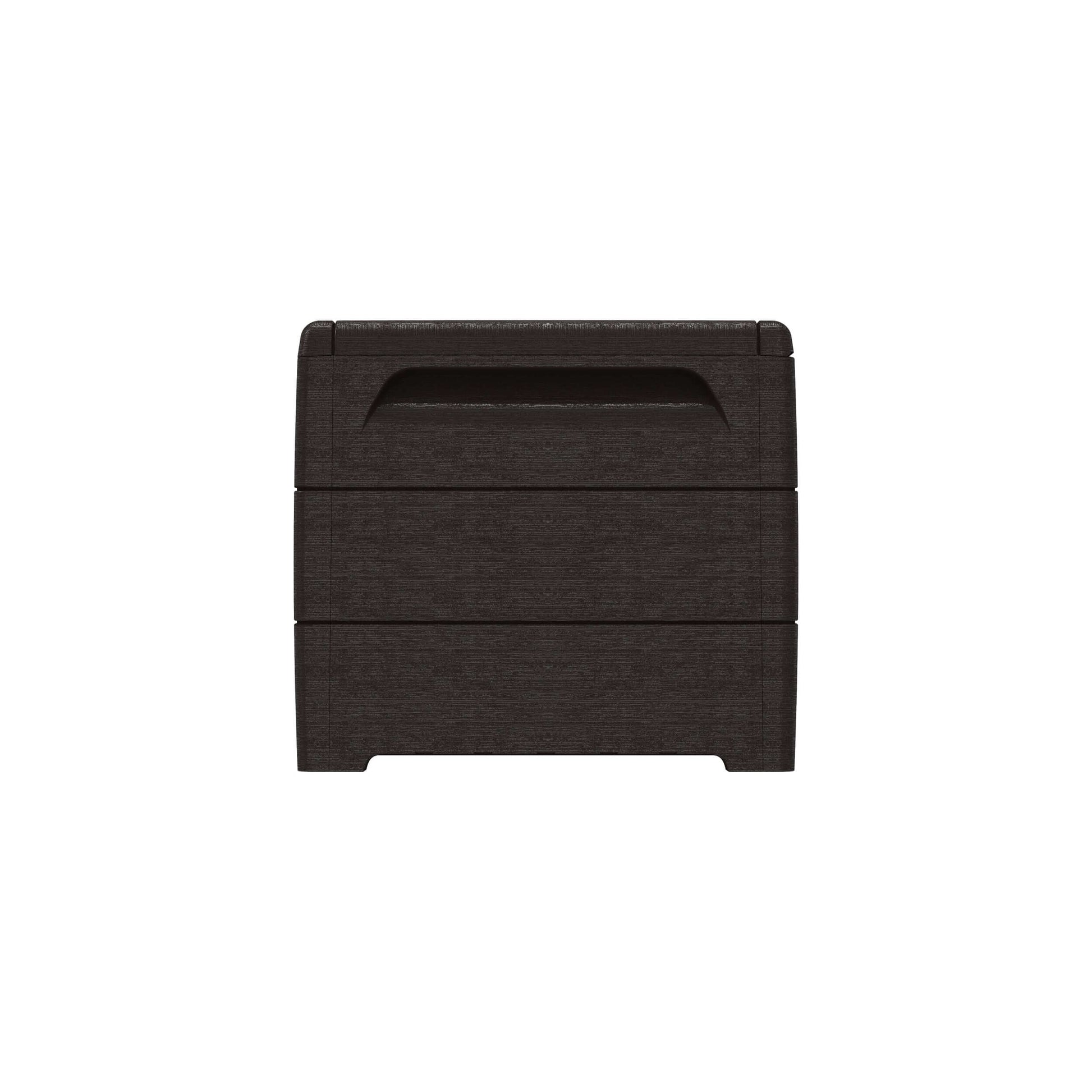 Front view of Duramax 110 Gal. Cedar Grain Deck Box in Brown, made from fire-resistant plastic resin with 51-inch width.