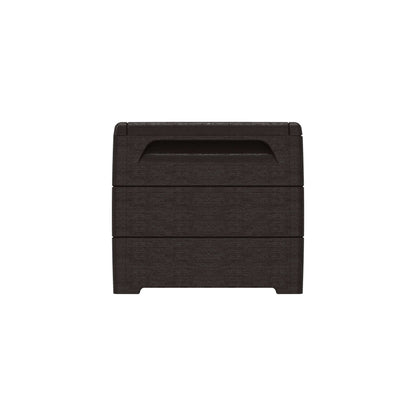 Front view of Duramax 110 Gal. Cedar Grain Deck Box in Brown, made from fire-resistant plastic resin with 51-inch width.