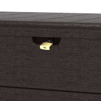 Duramax 110 Gal. Cedar Grain Deck Box in brown with lockable lid, showcasing secure outdoor storage solution.