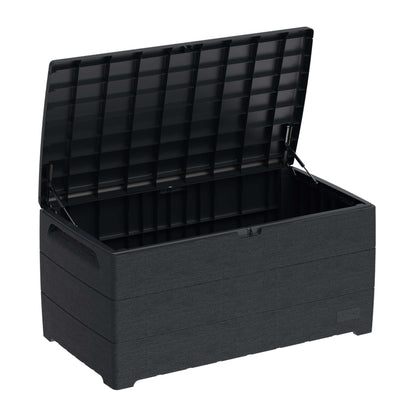Duramax 110 Gal. Cedar Grain Deck Box in Gray, open with spacious interior for outdoor storage, made from fire-resistant plastic resin.
