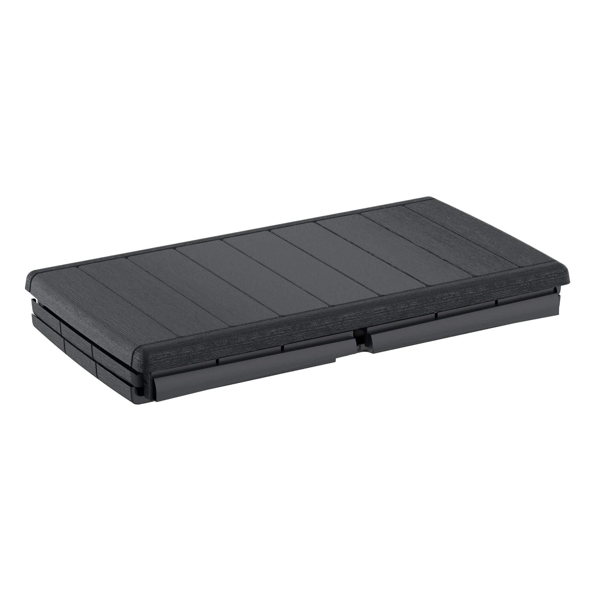 Duramax 110 Gal. Cedar Grain Deck Box Gray 86603, closed view, showing fire-resistant plastic resin and sleek design.