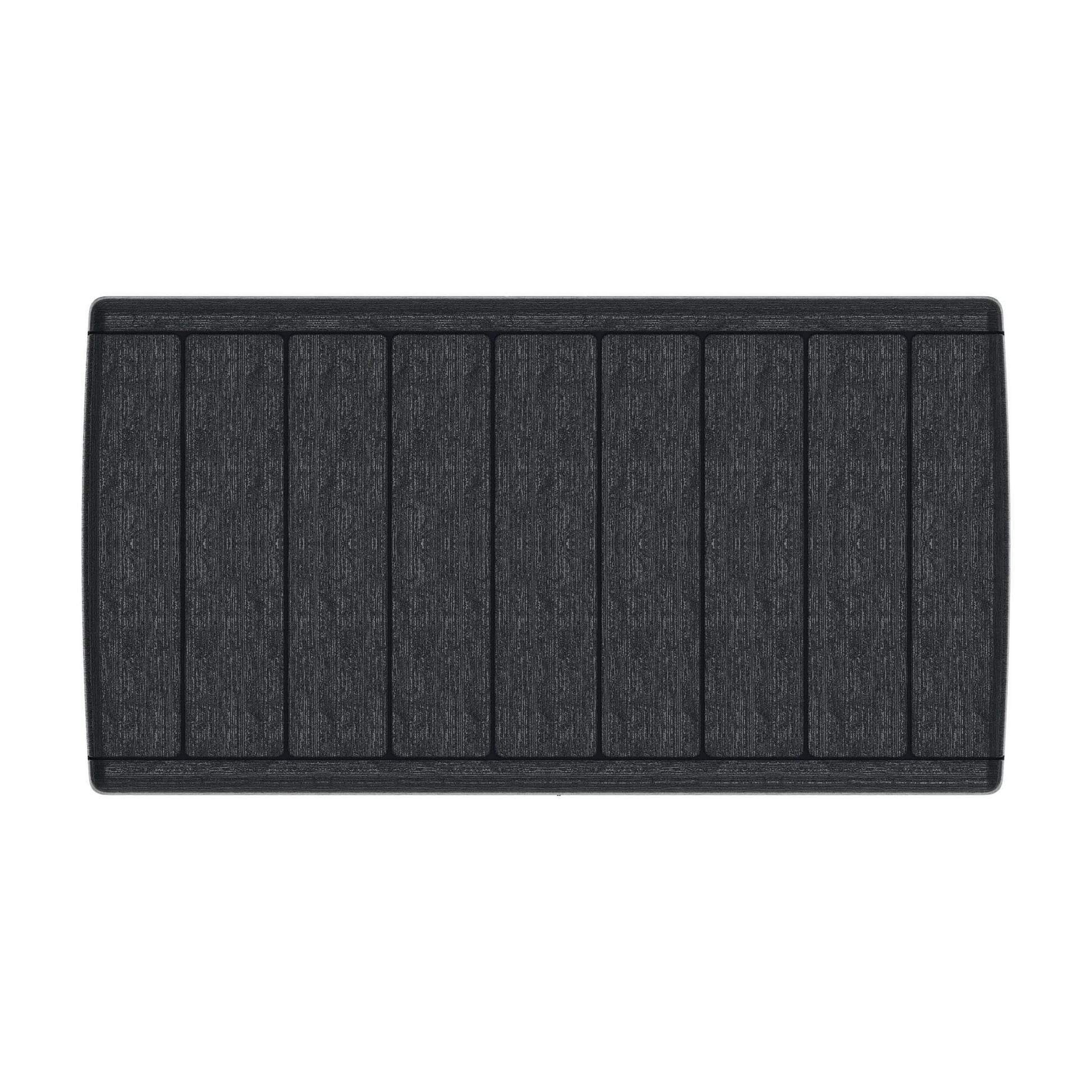 Top view of Duramax 110 Gal. CedarGrain Deck Box in gray, highlighting fire-resistant plastic resin and wood-like panels.