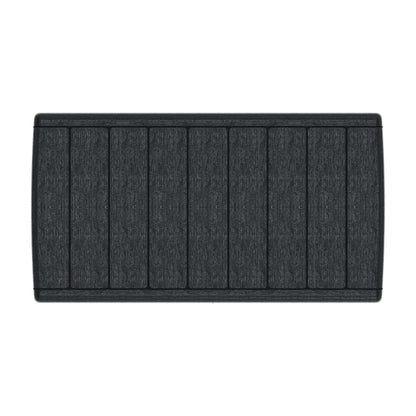 Top view of Duramax 110 Gal. CedarGrain Deck Box in gray, highlighting fire-resistant plastic resin and wood-like panels.