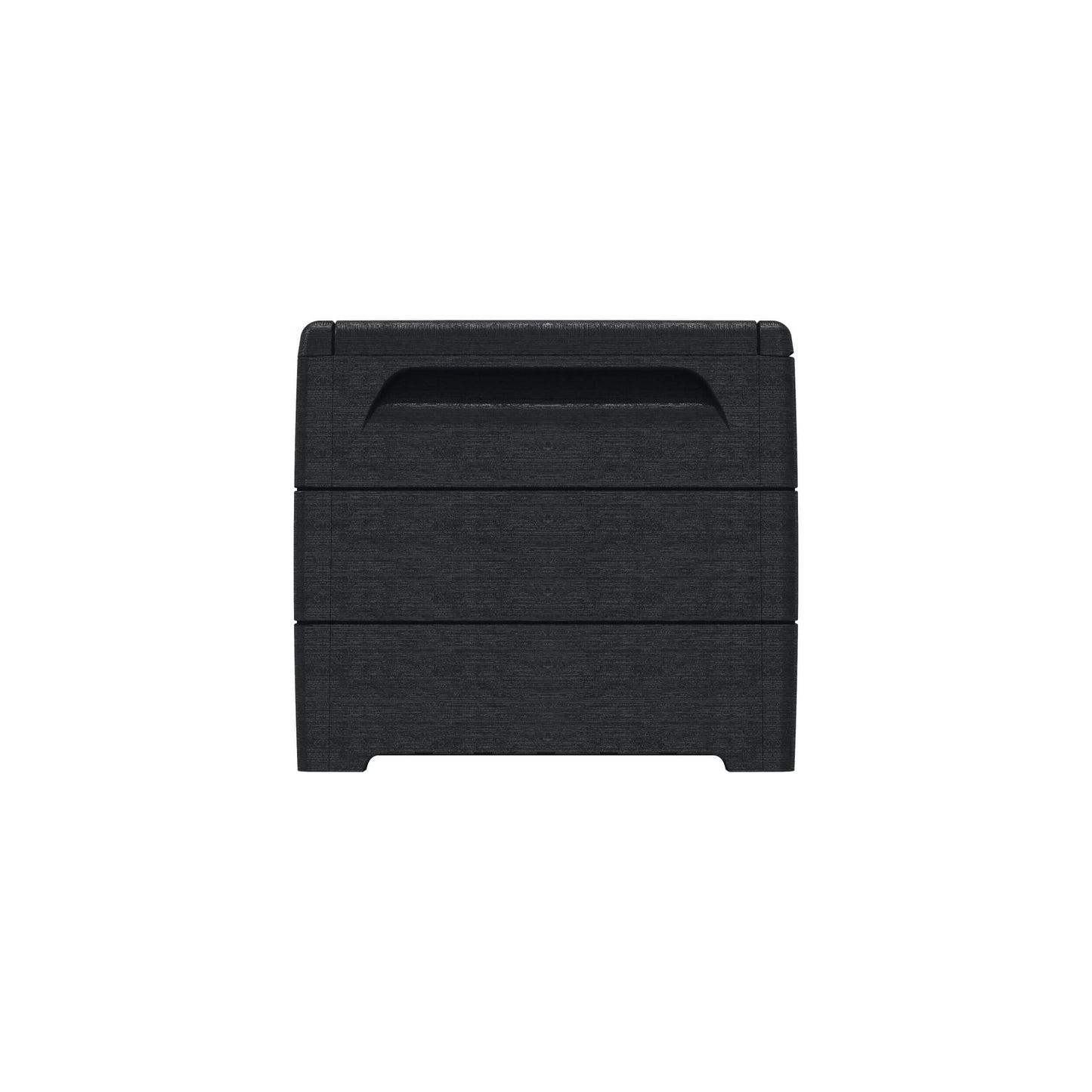 Duramax 110 Gal. Cedar Grain Deck Box in gray showcasing spacious and stylish outdoor storage solution made from fire-resistant resin.