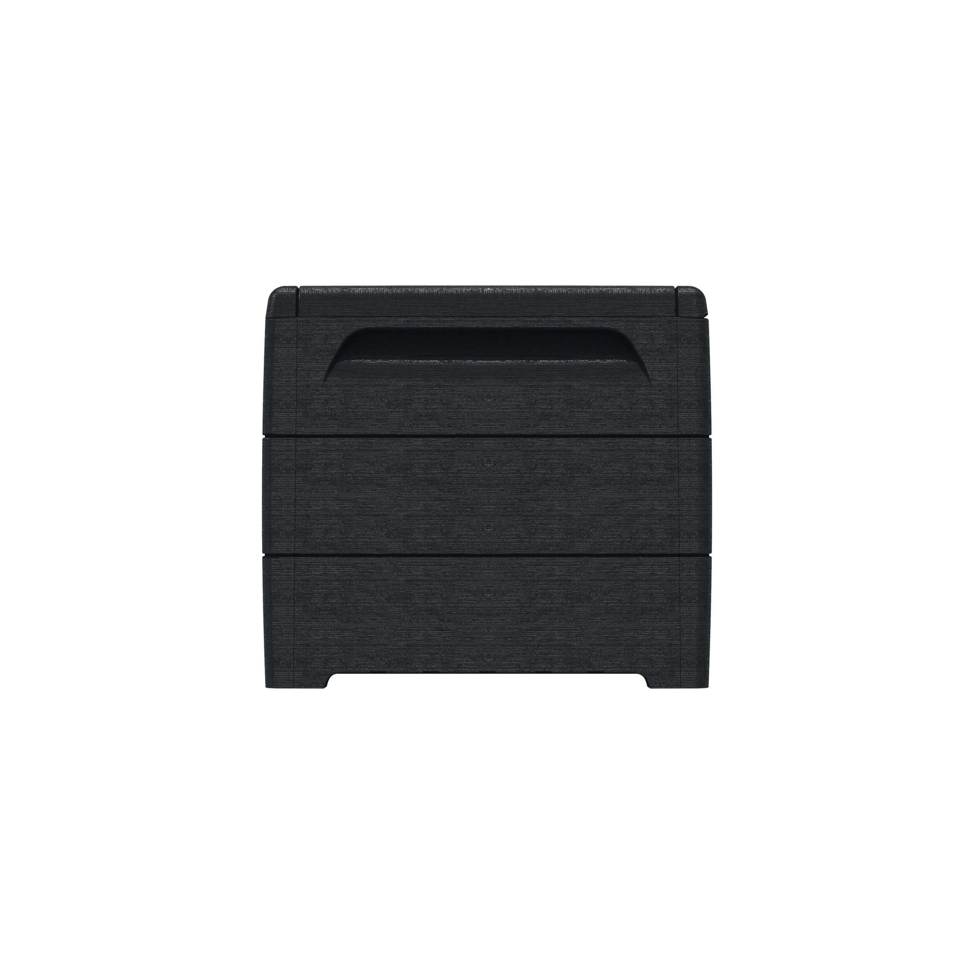 Duramax 110 Gal. Cedar Grain Deck Box in gray showcasing spacious and stylish outdoor storage solution made from fire-resistant resin.